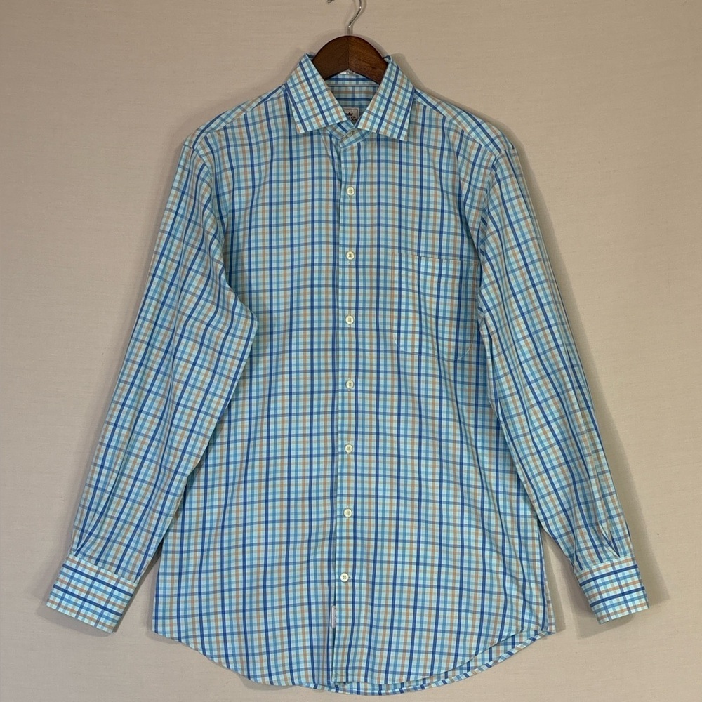 Peter Millar Blue Plaid Button Down Shirt Medium 100% Cotton Classic Fit